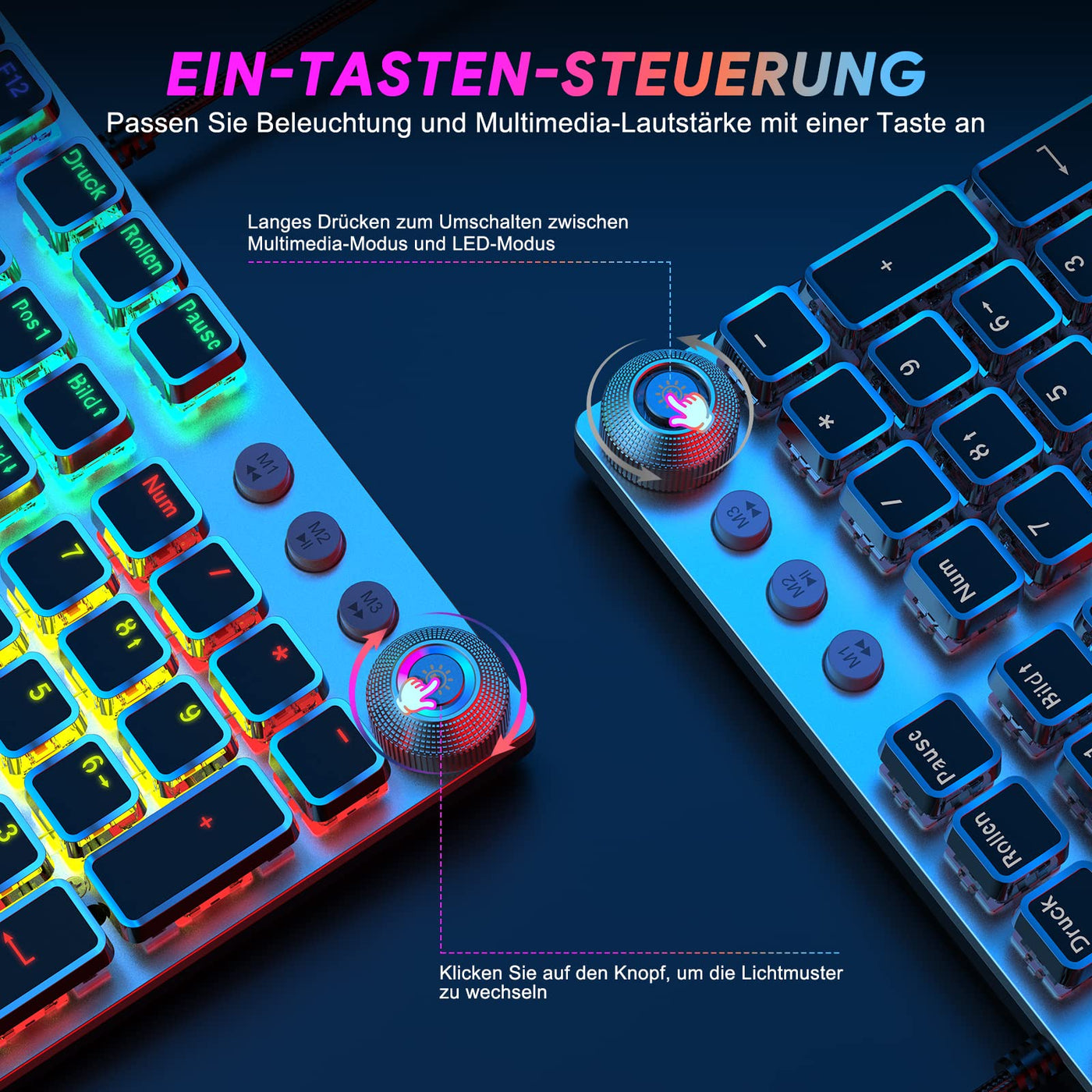 TECURS Mechanische Gaming Tastatur - QWERTZ Mechanical Keyboard mit Magnetische Handgelenkauflage, Multimedia-Tasten, 105 Tasten Kabelgebundene Rote Schalter Tastatur für PC/PS5/PS4, 19 LED Modi