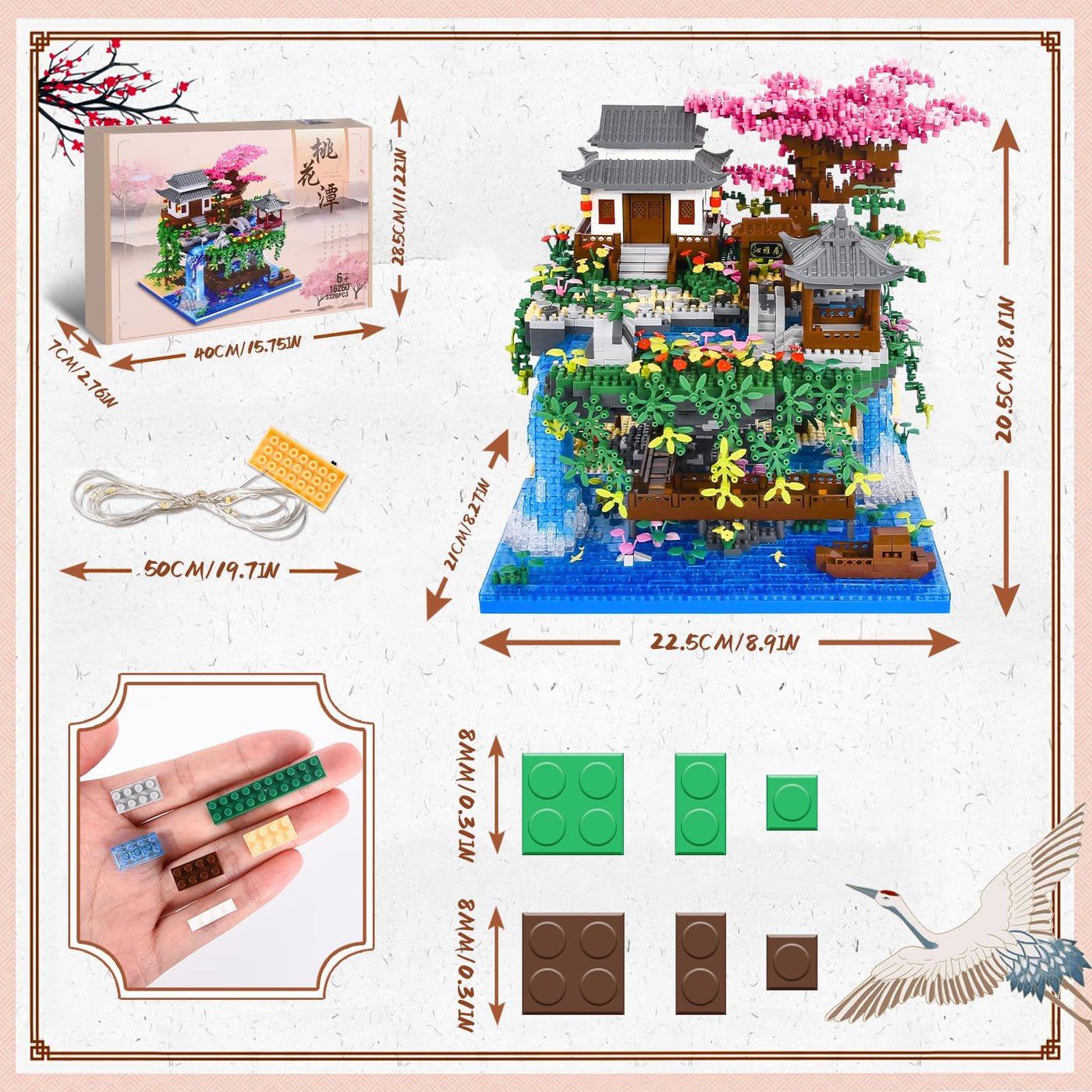 Charmofun 3320PCS Micro Bausteine, Klemmbausteine Haus mit LED, Botanical Garten-Set für Erwachsene mit Pfirsichblüten, Architecture Creative Geschenk Weihnachten für Frauen und Männer