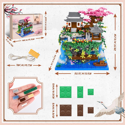 Charmofun 3320PCS Micro Bausteine, Klemmbausteine Haus mit LED, Botanical Garten-Set für Erwachsene mit Pfirsichblüten, Architecture Creative Geschenk Weihnachten für Frauen und Männer