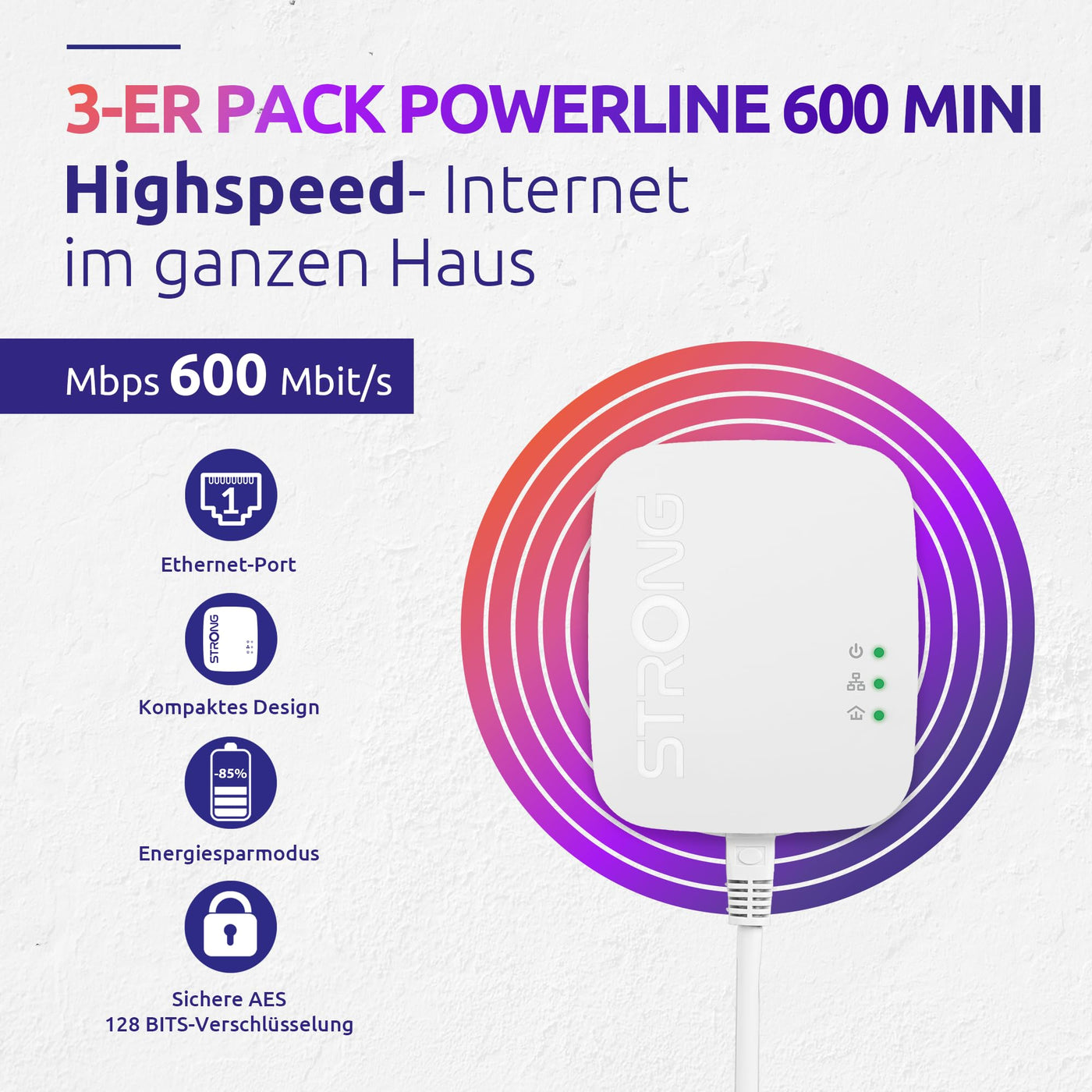 STRONG | Powerline 600 Triple Set Mini | 3 Powerline-Adapter 600 Mbps | Highspeed-Internetzugang | 300 m Reichweite | Für alle Boxen/Router | LAN-Anschluss | Plug & Play-Installation | weiß