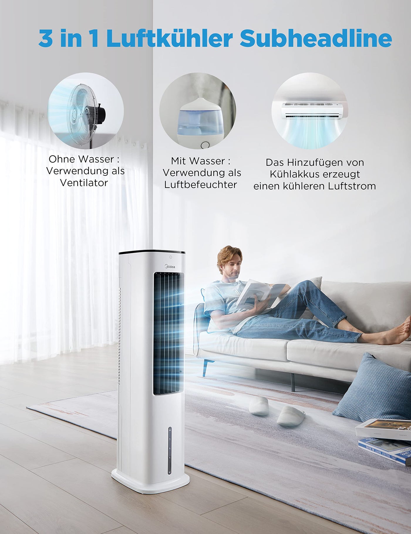 Midea Luftkühler mit Wasserkühlung, Klimaanlage Mobil, Ventilator mit 5L Wasserkühlung, Luftbefeuchter und Ionisation, Klimaanlage Ohne Abluftschlauch, 355m³/h, Ventilator mit Fernbedienung,55W,Weiß