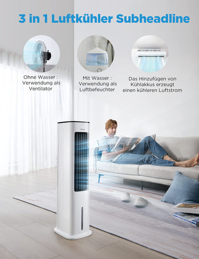 Midea Luftkühler mit Wasserkühlung, Klimaanlage Mobil, Ventilator mit 5L Wasserkühlung, Luftbefeuchter und Ionisation, Klimaanlage Ohne Abluftschlauch, 355m³/h, Ventilator mit Fernbedienung,55W,Weiß