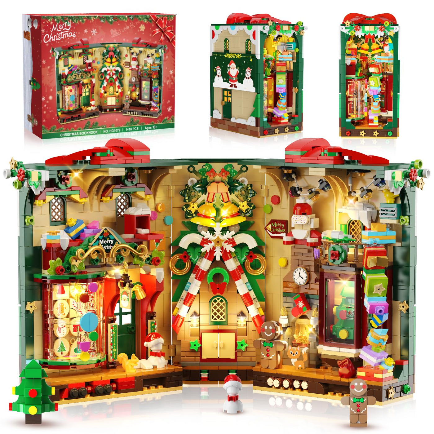 INSOON Weihnachten Book Nook Bauspielzeugset mit Licht, Weihnachts Bausteine Set mit Lebkuchenhaus Weihnachtsbaum, Weihnachts Baustein Geschenk Klemmbausteine für Erwachsene Kinder Mädchen Jungen 10+