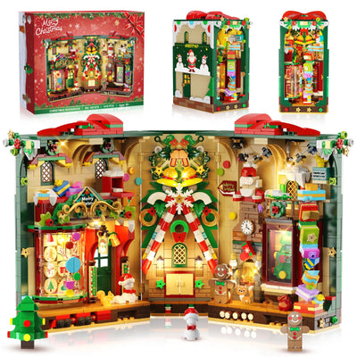 INSOON Weihnachten Book Nook Bauspielzeugset mit Licht, Weihnachts Bausteine Set mit Lebkuchenhaus Weihnachtsbaum, Weihnachts Baustein Geschenk Klemmbausteine für Erwachsene Kinder Mädchen Jungen 10+