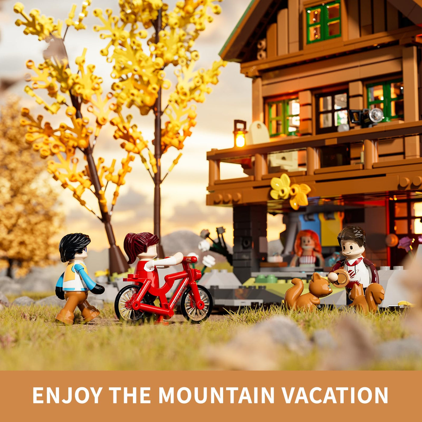 FUNWHOLE Mountain Cabin Bauklötze Set, 2255 PCS BergHütte Klemmbausteine mit LED Licht Wald Lodge Bausteine Modell Bauspielzeugset für Erwachsene und Jugendliche