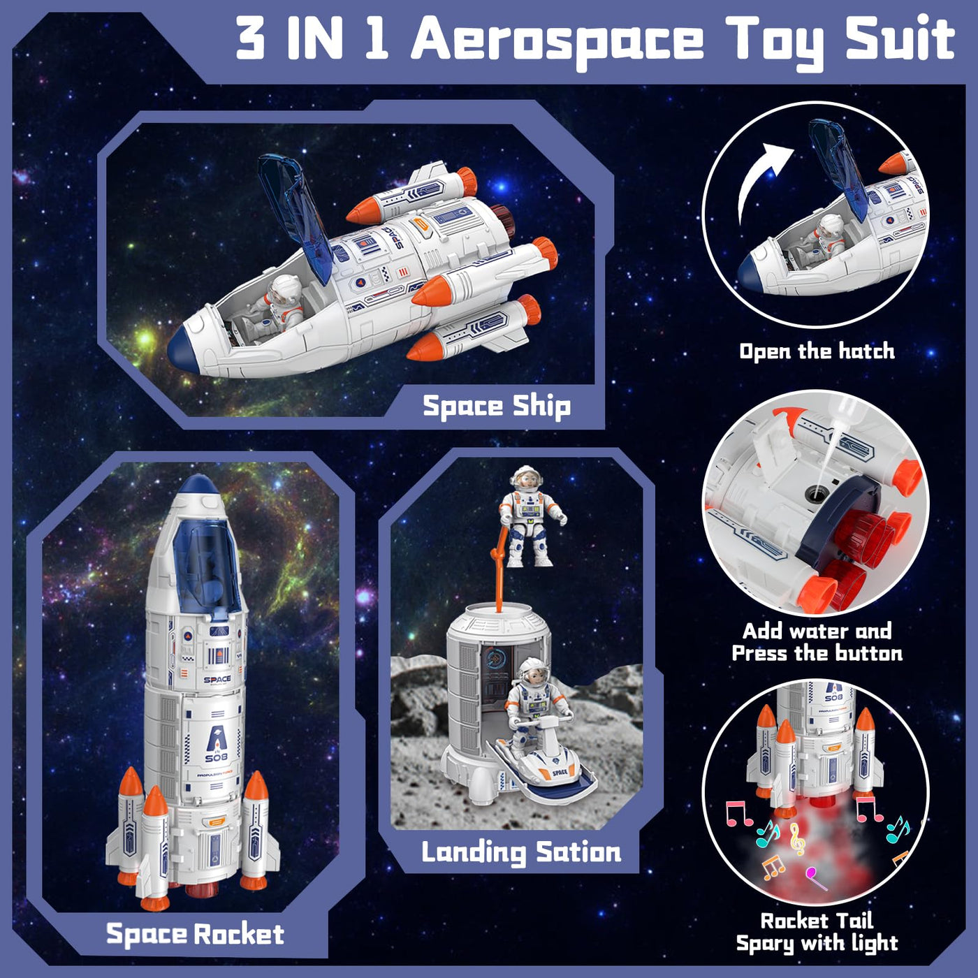 deAO Space Shuttle Rakete Spielzeug mit Licht & Sound, Rauchfunktionen, 5 In1 STEM Wissenschaft Lernspielzeug Projektionslampe Weltraumspielzeug, mit 4 Astronauten, Geschenk für 4 - 9 Junge Mädchen