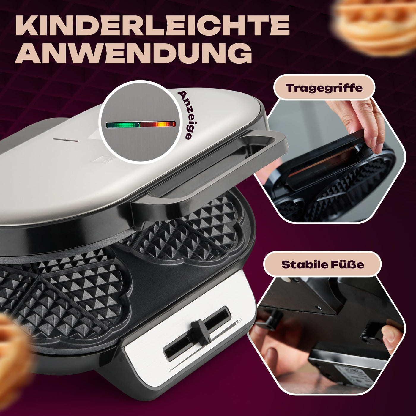Clatronic Waffeleisen mit 2 antihaftbeschichteten Backflächen | Waffeleisen Herzform stufenlos einstellbarer Bräunungsgrad & Backampel | 2 Waffeln pro Backvorgang in wenigen Minuten | 1200W | WA 3745