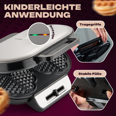 Clatronic Waffeleisen mit 2 antihaftbeschichteten Backflächen | Waffeleisen Herzform stufenlos einstellbarer Bräunungsgrad & Backampel | 2 Waffeln pro Backvorgang in wenigen Minuten | 1200W | WA 3745