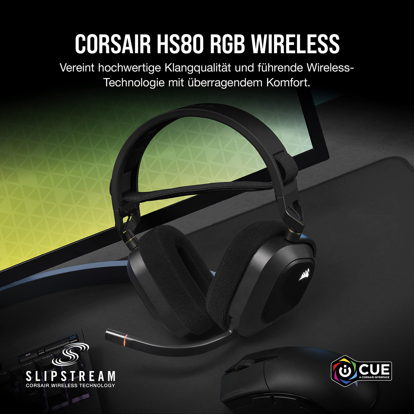CORSAIR HS80 RGB WIRELESS Multiplattform-Gaming-Headset - Dolby Atmos - Omnidirektionales Mikrofon - iCUE-Kompatibel - PC, Mac, PS5, PS4 - Carbon, Farbe Schwarz