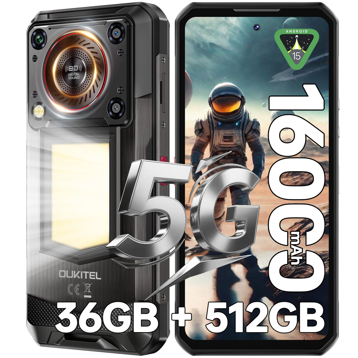 OUKITEL WP56 5G Outdoor Smartphone - 36GB+512GB/2TB 16000mAh 108MP Android 15 Outdoor Handy 128DB Lautsprecher 6,8" FHD+ 120Hz baustellenhandy 1000LM Campinglicht, IP68 Wasserdicht/NFC/GPS/OTG/BT5.2