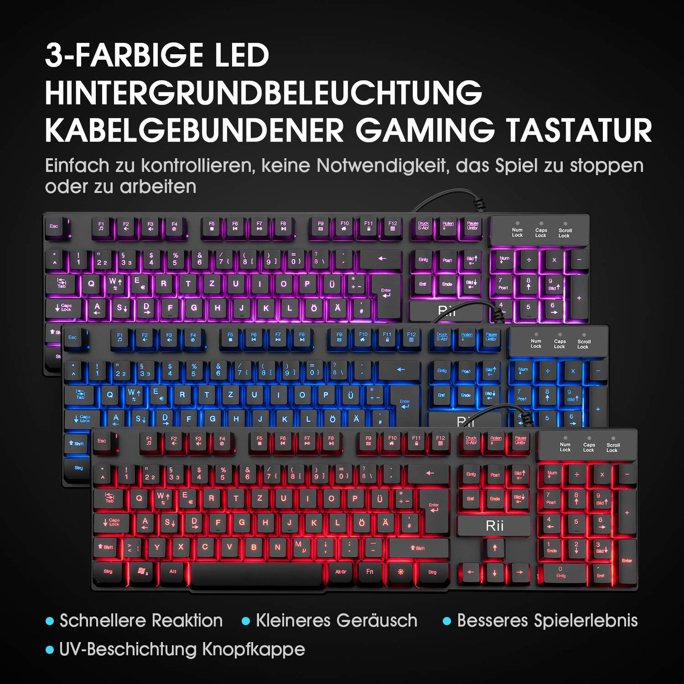 Rii Gaming Tastatur und Maus Set, 3 LED Hintergrundbeleuchtung, ideal für Gaming und Büro, kompatibel mit PC (DE-Layout, Schwarz)