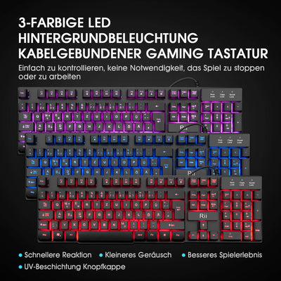 Rii Gaming Tastatur und Maus Set, 3 LED Hintergrundbeleuchtung, ideal für Gaming und Büro, kompatibel mit PC (DE-Layout, Schwarz)