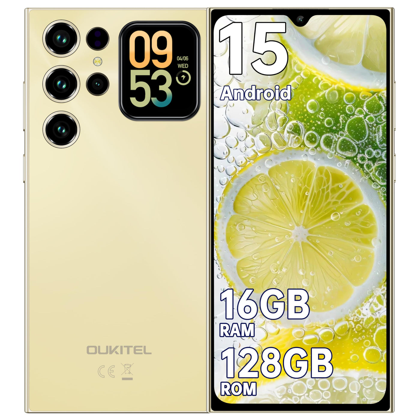 OUKITEL C62 Android 15 Smartphone Ohne Vertrag - 6.88" HD+ Handy mit Rückseitigem Display 16GB RAM+128GB ROM/1TB, 5000mAh Handy Günstig, Dual SIM Simlockfreie Handys/Face ID/GPS/OTG - Gold