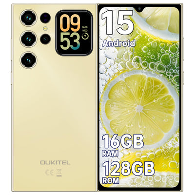OUKITEL C62 Android 15 Smartphone Ohne Vertrag - 6.88" HD+ Handy mit Rückseitigem Display 16GB RAM+128GB ROM/1TB, 5000mAh Handy Günstig, Dual SIM Simlockfreie Handys/Face ID/GPS/OTG - Gold