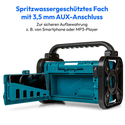 MEDION E66877 DAB+ Baustellenradio (Robustes Gehäuse, Spritzwassergeschützt (IP44), Bluetooth 5.0, PLL UKW Radio, LED-Arbeitslicht, Akku- und Netzbetrieb) blau