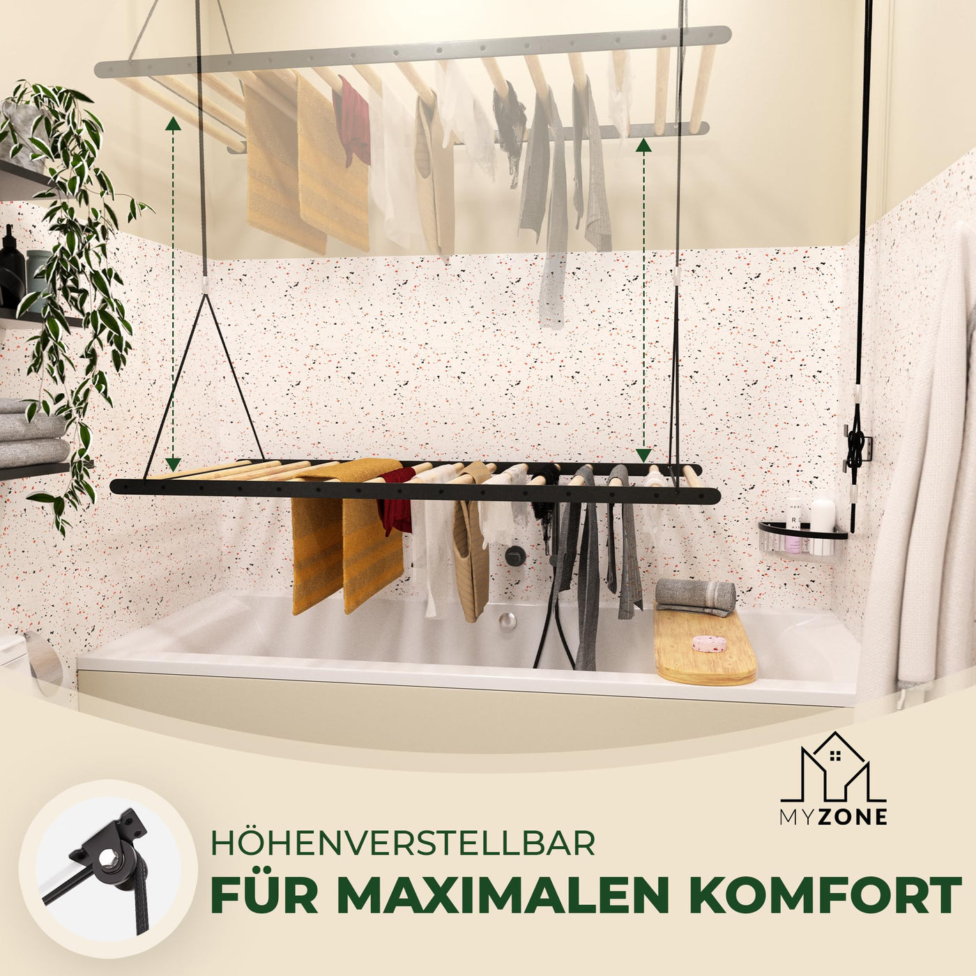 MyZone Wäscheständer Decke platzsparend, ausziehbar, stabil, 115x60cm | Wäschetrockner Deckenmontage, Deckentrockner klappbar, Hochtrockner | Badewanne, Balkon | Bambus Holz, schwarz matt