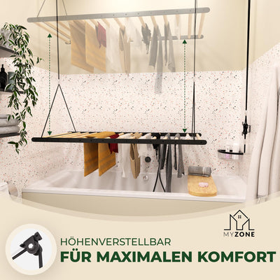 MyZone Wäscheständer Decke platzsparend, ausziehbar, stabil, 115x60cm | Wäschetrockner Deckenmontage, Deckentrockner klappbar, Hochtrockner | Badewanne, Balkon | Bambus Holz, schwarz matt