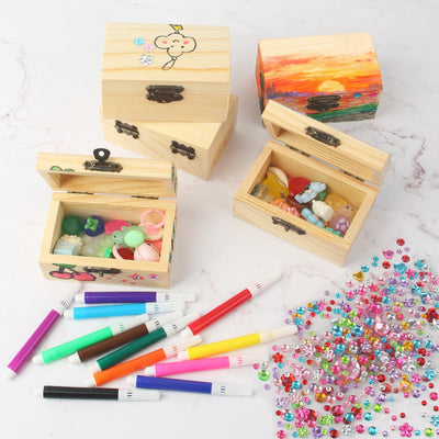 10Stück Schatztruhe Kindergeburtstag,Mini Schatztruhe,Schatzkiste Holz Bastelset,Kleine Schatztruhe Kinder,Holzbox mit Deckel enthält Buntstifte und Aufkleber,Perfekt zum Malen und Basteln auf Partys