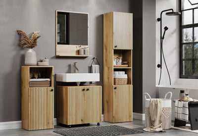 trendteam smart living - Waschbeckenunterschrank Unterschrank auf Rollen - Badezimmer - PureBliss - Aufbaumaß (BxHxT) 60 x 64 x 42 cm - Farbe Evoke Eiche mit schwarzen Rillen - 233730342