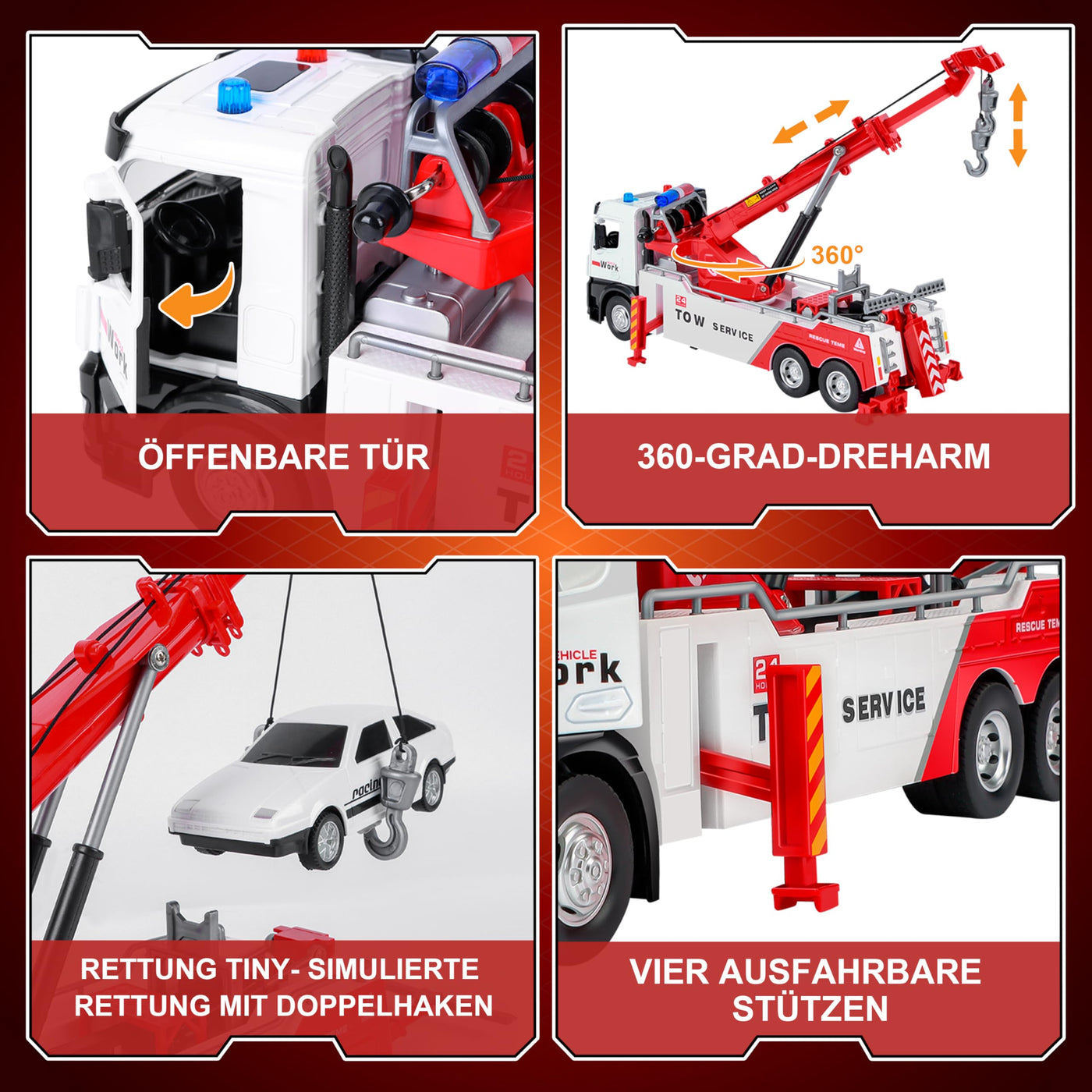 Charmofun Abschleppwagen Spielzeug Kinder, Transporter Lastwagen mit Beweglichem Kran, Recovery Abschlepper Spielzeug mit Licht und Sounds, Geschenk Vielseitiger Abschleppauto für Kinder ab 3 Jahren