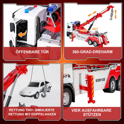Charmofun Abschleppwagen Spielzeug Kinder, Transporter Lastwagen mit Beweglichem Kran, Recovery Abschlepper Spielzeug mit Licht und Sounds, Geschenk Vielseitiger Abschleppauto für Kinder ab 3 Jahren