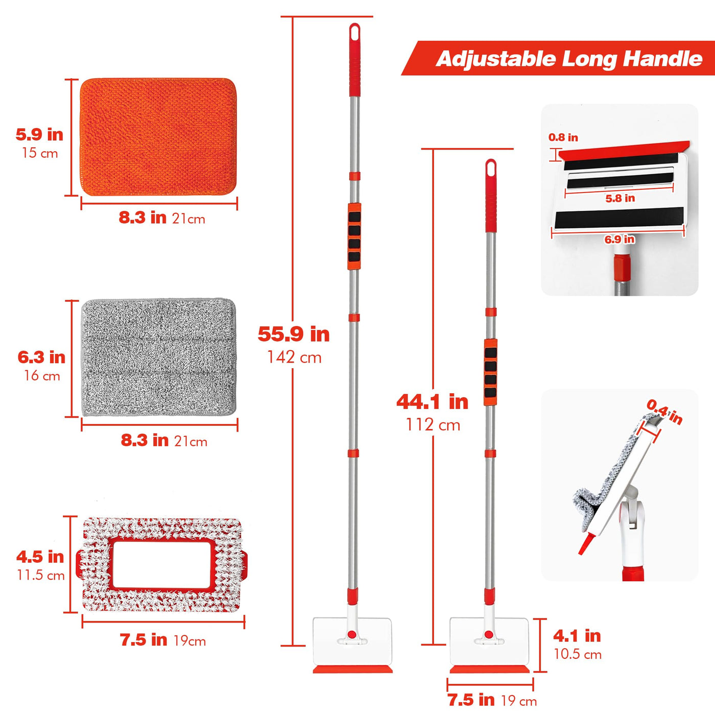 JEHONN Wischmopp Fliesenreiniger Gerät mit Langem Griff 142 cm, Wand und Fußleisten Reiniger, 4-in-1 Fliesen Reinigungsgerät mit 1 Bürste, 2 Chenille, 2 Mikrofaserpads für Fußbodenleiste