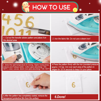 2 Bögen Bügelbild zum Aufbügeln Adventskalender Zahlen 1-24 Aufbügler Glitzer Adventszahlen Aufkleber Personalisierte Bügelbilder für Stofftasche Bügelfolie für Textilen Papier Holz Boxen Rot Gold