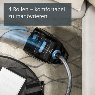 Siemens Staubsauger mit Beutel Q5.0 extreme silencePower VSQ5X1230, Bodenstaubsauger, ideal für Allergiker, Hygiene-Filter, starke Saugleistung, Bodendüse für Parkett, Teppich, Fliesen, 850 W, schwarz
