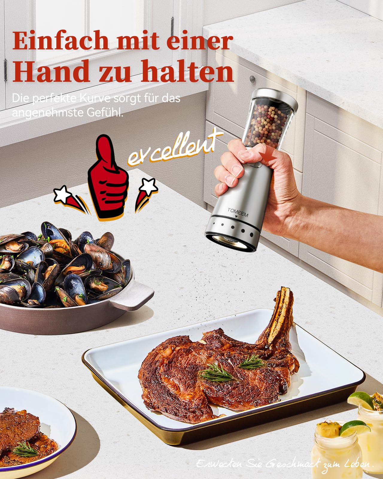 Salz und Pfeffermühlen elektrisch 2er Set aus Edelstahl (Wiederaufladbar, LED Beleuchtung, mit einstellbarem Keramikmahlwerk, Reinigungsbürste Bürste) Gewürzmühle elektrisch