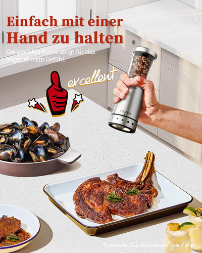 Salz und Pfeffermühlen elektrisch 2er Set aus Edelstahl (Wiederaufladbar, LED Beleuchtung, mit einstellbarem Keramikmahlwerk, Reinigungsbürste Bürste) Gewürzmühle elektrisch
