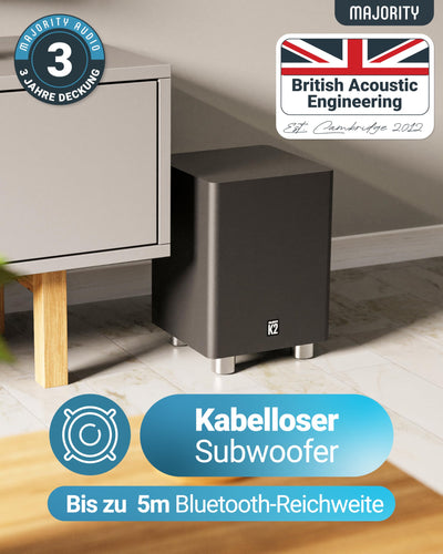 Majority K2 Soundbar, leistungsstark, kabellos, 150 W, mit Surround-Sound, Subwoofer, Bluetooth, HDMI Arc (CEC), große Fernbedienung, AUX, USB, UKW-Radio, optischer Eingang, Cinch-Kabel (schwarz)