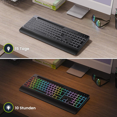 TECURS Gaming Tastatur Kabellos-Leise, Ergonomisch, 2 in 1 USB A/C, Multimedia-Tasten, Handy Halter, Kabellose Tastatur Beleuchtet Wireless für PC/Windows/Mac, QWERTZ Deutsche Layout(Schwarz)