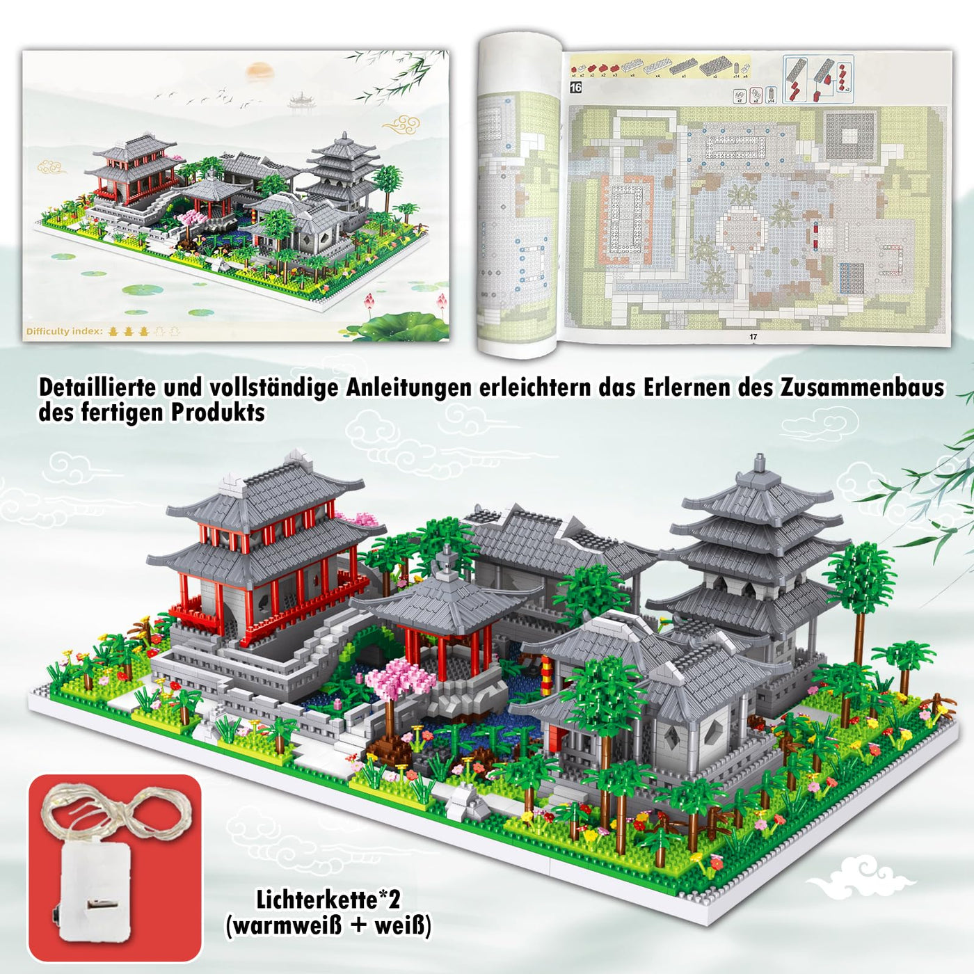Suzhou Garden Baumhaus Bauklötze Kit, 3930 Teile Chinesische Architecture Suzhou Bauspielzeugsets mit Lichterkette, Suzhou Garden Haus Deko Modell, Klemmbausteine Building Blocks für Erwachsene Kinder
