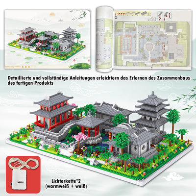 Suzhou Garden Baumhaus Bauklötze Kit, 3930 Teile Chinesische Architecture Suzhou Bauspielzeugsets mit Lichterkette, Suzhou Garden Haus Deko Modell, Klemmbausteine Building Blocks für Erwachsene Kinder