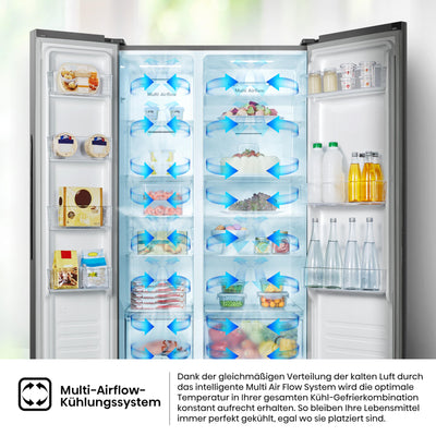 Hisense RS677N4ACC Side by Side Kühl-Gefrierkombination, 179cm, 519 Liter Gesamtkapazität, Multi Air Flow, LED Display, EEK: C, Electronic Touch Control, Inox Look