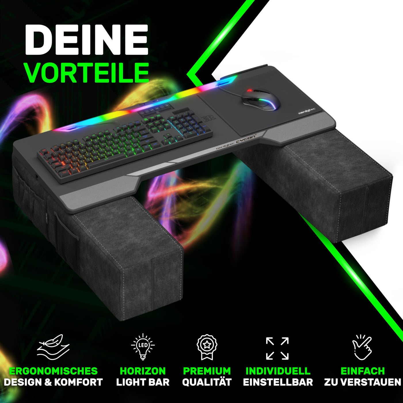 Couchmaster CYCON³ Black HORIZONLIGHT Bar - Ergonomisches Gaming Lapdesk für Couch & Bett - USB Hub Gaming Lapboard - Groß & Stabil (für PC, PS4/5, Xbox One/Series X, Laptops)