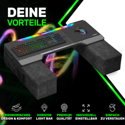 Couchmaster CYCON³ Black HORIZONLIGHT Bar - Ergonomisches Gaming Lapdesk für Couch & Bett - USB Hub Gaming Lapboard - Groß & Stabil (für PC, PS4/5, Xbox One/Series X, Laptops)