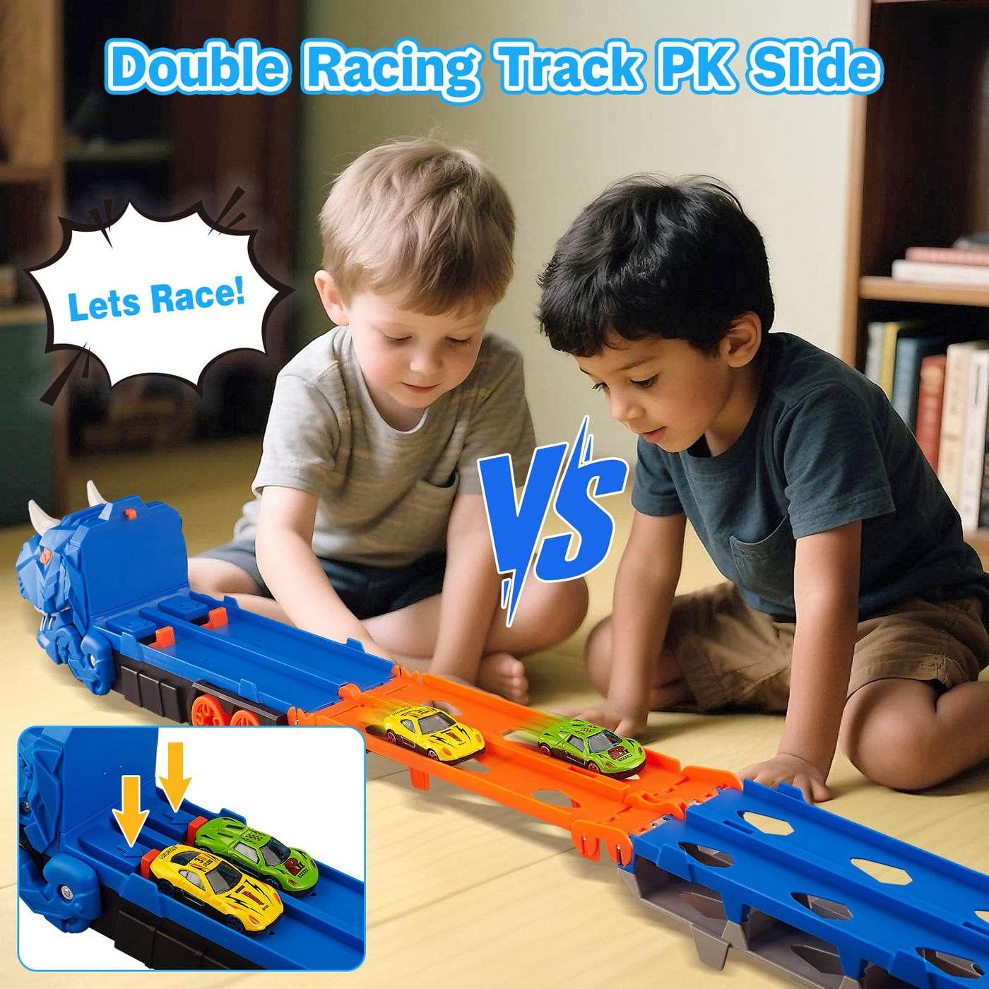 Dinosaurier Transport Truck Spielzeug ab 3 4 5 6 Jahre, 157cm Faltbare Autorennbahn Spielzeugauto mit 6 Rennautos, Tragbares Transporter Spielset Auto Spielzeug Geschenk für Jungen Kinder Mädchen