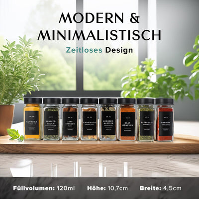 EDELHAUS Gewürzgläser Eckig Set mit Edelstahl Deckel Schwarz (24 x 120ml) Gewürzstreuer mit Streueinsatz und 240 Etiketten - Hochwertige Gewürzbehälter, Gewürzdosen, Gewürze organizer [10,7cm x 4,5cm]