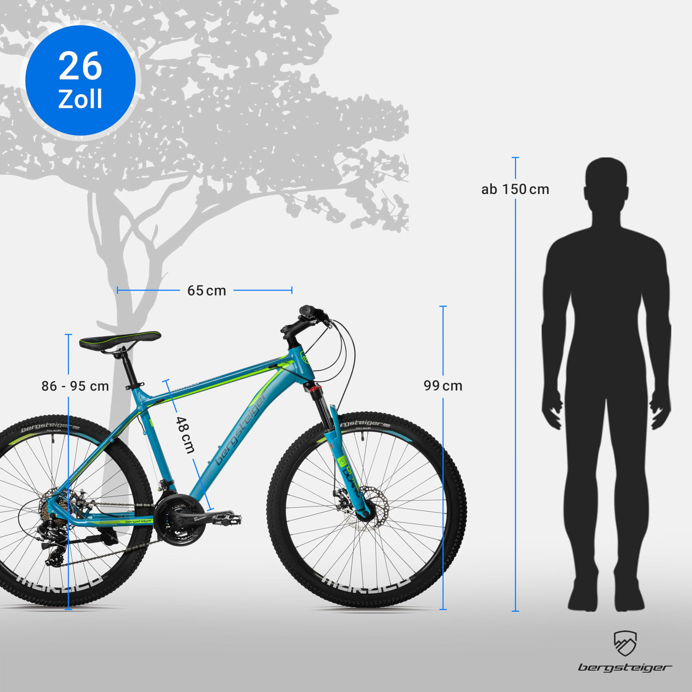 Bergsteiger Makalu 26, 29 Zoll Mountainbike Aluminium, geeignet ab 150 cm, Scheibenbremse, 21 Gang-Schaltung, Hardtail, Jungen-Fahrrad & Herren-Fahrrad