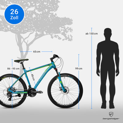 Bergsteiger Makalu 26, 29 Zoll Mountainbike Aluminium, geeignet ab 150 cm, Scheibenbremse, 21 Gang-Schaltung, Hardtail, Jungen-Fahrrad & Herren-Fahrrad