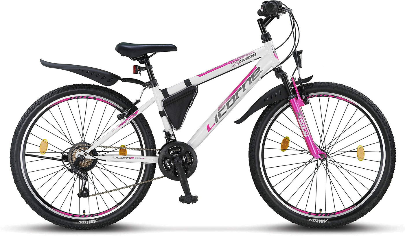 Licorne Bike Guide Premium Mountainbike in 20, 24, 26, 27.5 und 29 Zoll Fahrrad für Mädchen Jungen Herren und Damen (26 Zoll, Weiß/Rosa)
