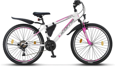 Licorne Bike Guide Premium Mountainbike in 20, 24, 26, 27.5 und 29 Zoll Fahrrad für Mädchen Jungen Herren und Damen (26 Zoll, Weiß/Rosa)