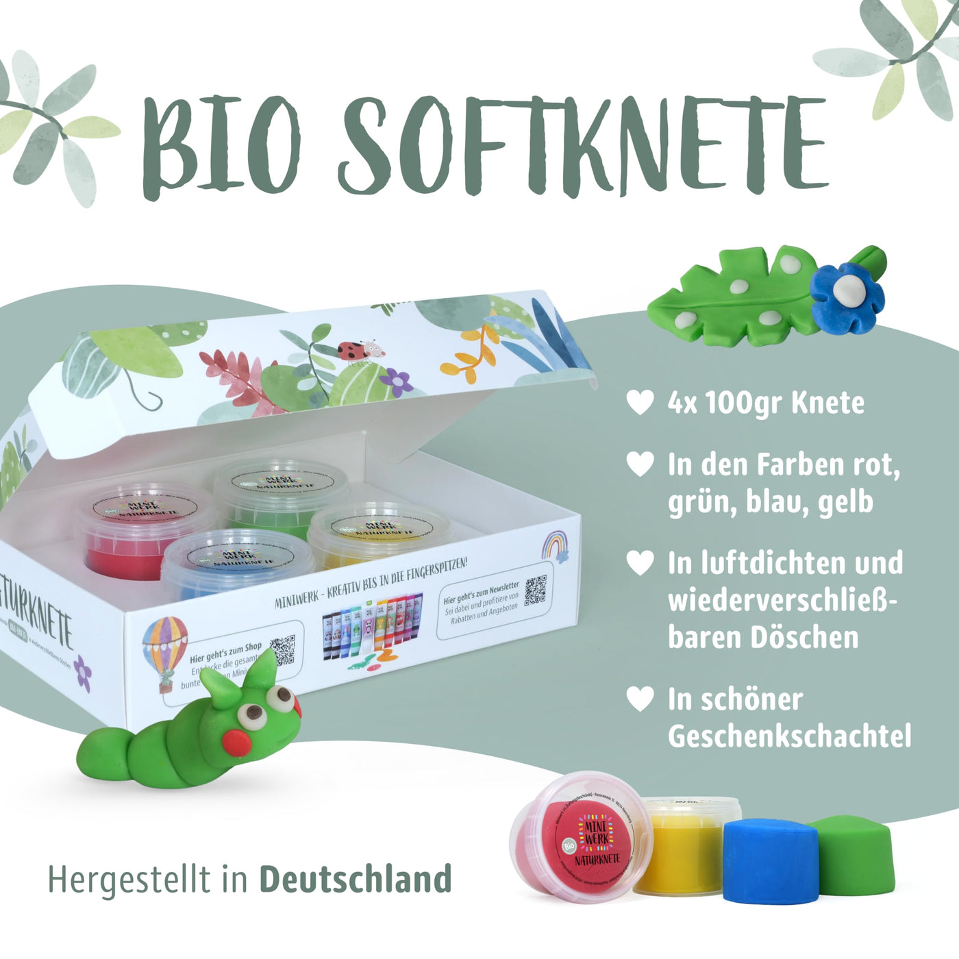 Miniwerk Bio Knete Set Kinder 4x 100gr., Geschenk Mädchen & Jungen 4 5 Jahre – Knete ab 2 Jahre ungiftig und vegan – Schultüte Füllung & Kindergeburtstag (Rot, Blau, Grün, Gelb), Softknete