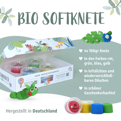 Miniwerk Bio Knete Set Kinder 4x 100gr., Geschenk Mädchen & Jungen 4 5 Jahre – Knete ab 2 Jahre ungiftig und vegan – Schultüte Füllung & Kindergeburtstag (Rot, Blau, Grün, Gelb), Softknete