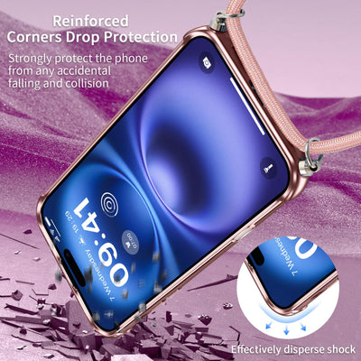 Phoona Handykette Hülle für iPhone 16 Plus mit Band kompatibel mit MagSafe, Luxuriöse Glitzer Beschichtung Magnetische Handyhülle für iPhone 16 Plus Stoßfest Schutzhülle, Rosa