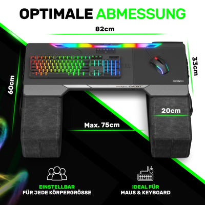Couchmaster CYCON³ Black HORIZONLIGHT Bar - Ergonomisches Gaming Lapdesk für Couch & Bett - USB Hub Gaming Lapboard - Groß & Stabil (für PC, PS4/5, Xbox One/Series X, Laptops)