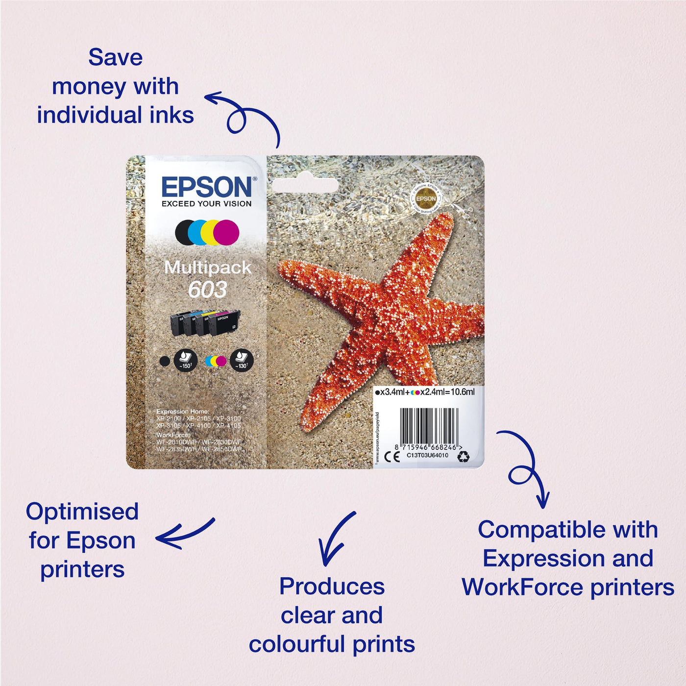 Epson Original 603 Tinte Seestern Multipack 4-farbig Standard, WF-2820DWF WF-2830DWF WF-2840DWF WF-2850DWF XP-2100 XP-2150 XP-3100 XP-3150 XP-4100 XP-4150, ReadyPrint Flex-Tintentarife