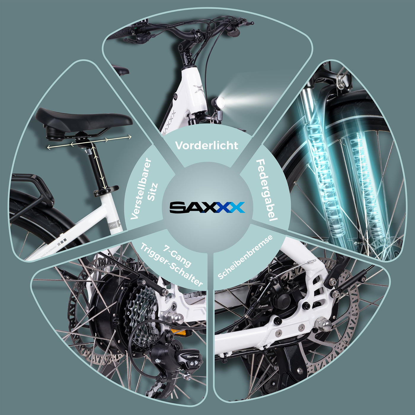 SAXXX E Bike Damen 28 Zoll Tiefeinsteiger mit 36V 13Ah Akku, Elektro Fahrrad Erwachsene mit Scheibenbremse, 7 Gang Kettenschaltung Pedelec mit Federgabel, Gepäckträger für Damen/Frauen Herren/Männer