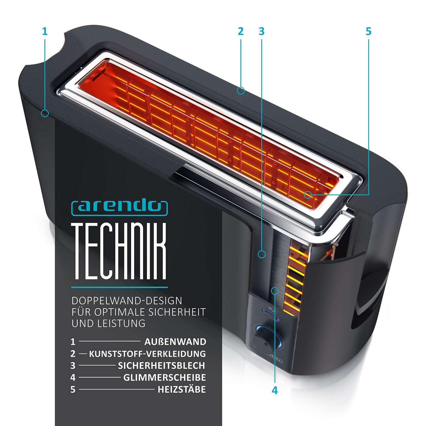 Arendo - Toaster Langschlitz 2 Scheiben - Defrost Funktion - 1000 W - Doppelwandgehäuse - Integrierter Brötchenaufsatz - Bräunungsgrade 1-6 – Display mit Restzeitanzeige - Edelstahl schwarz matt